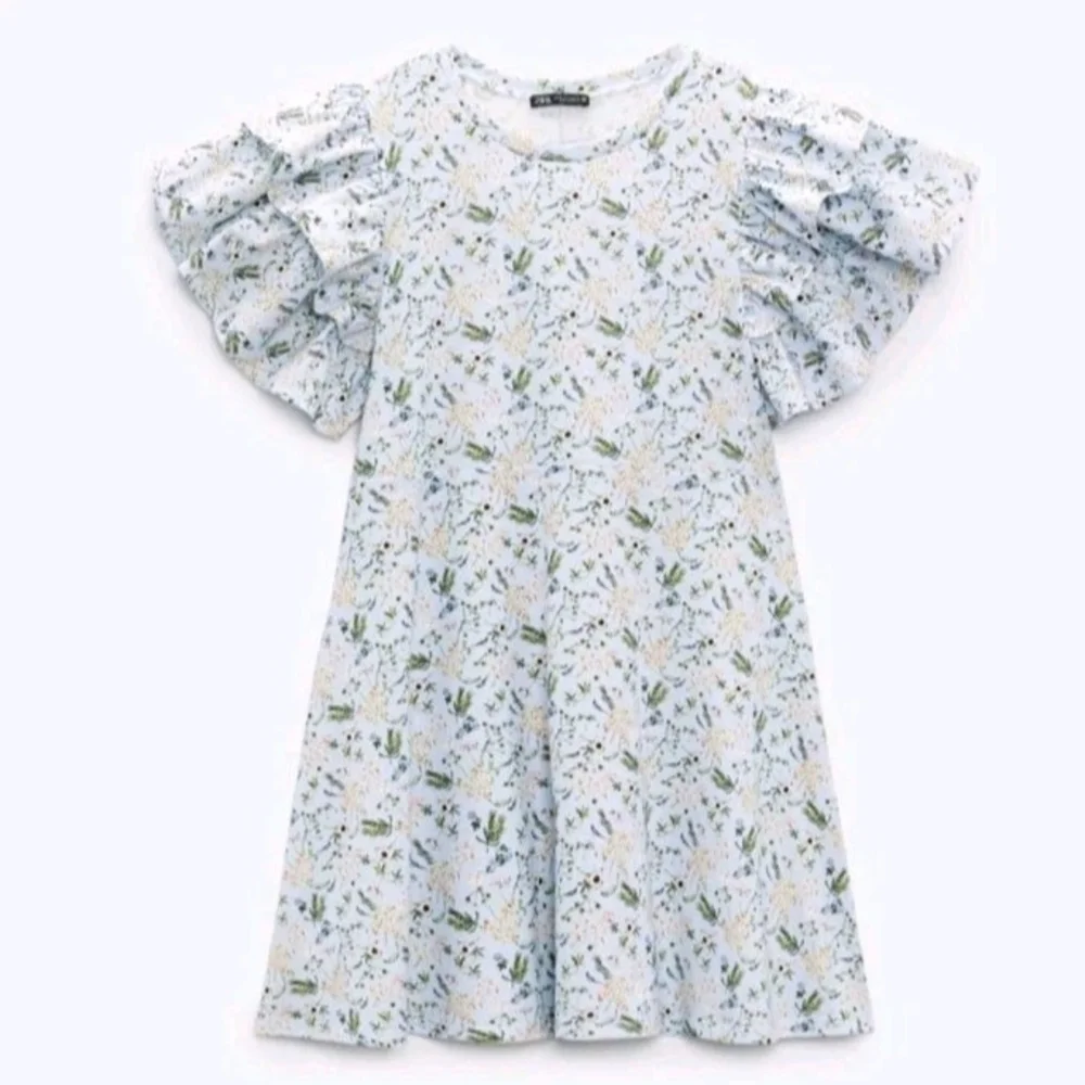 Zara Blue Floral Ruffle Sleeve A-Line T Shirt Dress Women's Size Medium - Picture 1 of 6